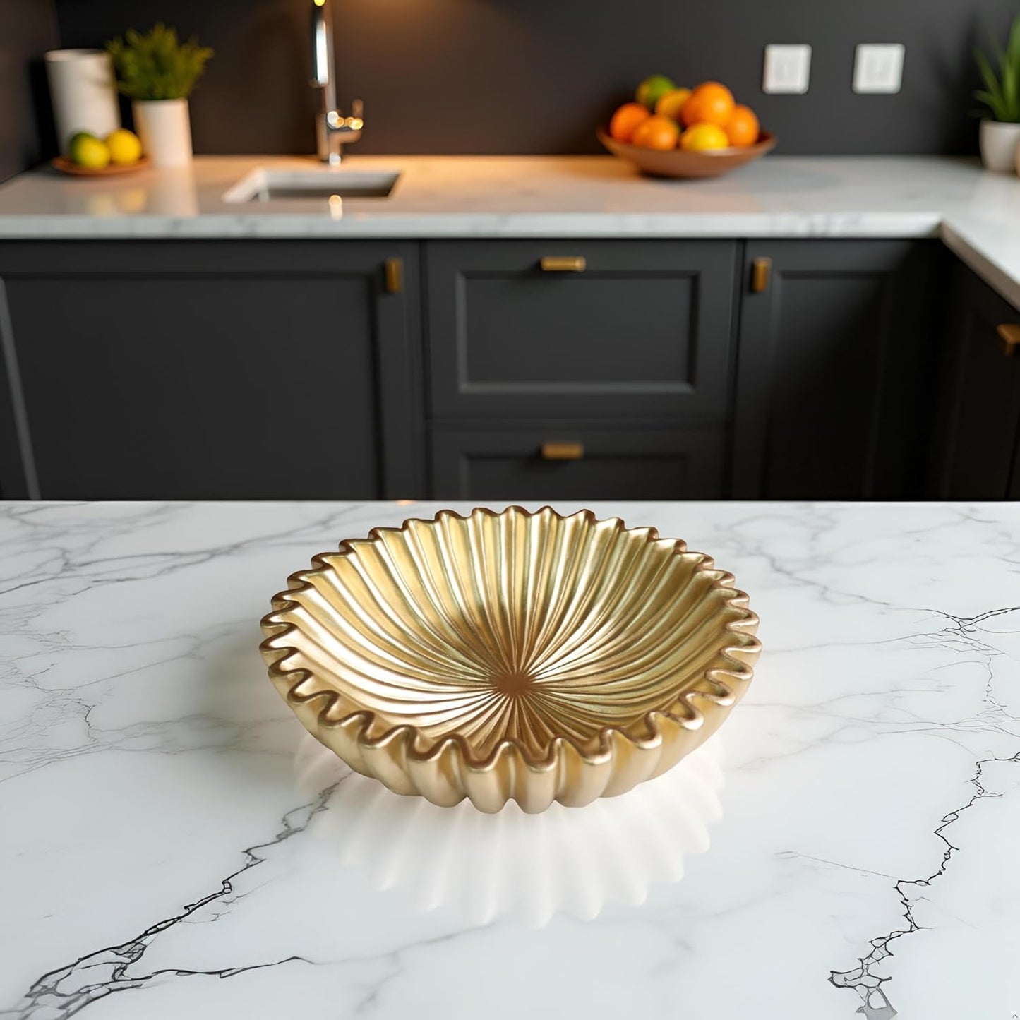 10" Large Decorative Bowl decor, Scalloped Bowls for Modern Home Decor,Ruffle Decor,Stylish Key Bowl for Entry Table,Decorative Fruit Bowl for Kitchen Counter,Golden