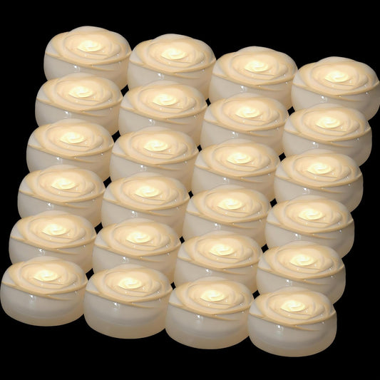 Aignis 24pcs Flameless LED Floating Candles, White Rose Plastic Tealight Battery Operated, 120+ Hours Glow Time, Cozy Light for Romantic Pool/Bathtub/Hot Bath/Wedding Centerpiece Decor(D2.83*H1.42)