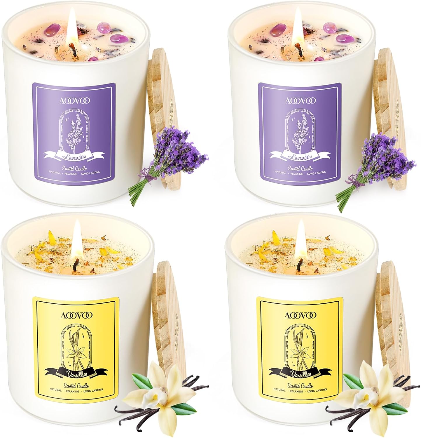 AOOVOO Lavender Candles Set for Women - 4 Pack Candles for Home Scented, 28 oz 200 Hour Long Lasting Aromatherapy Candle with Crystals Inside, Birthday Gifts Mothers Day Candle for Women Mom