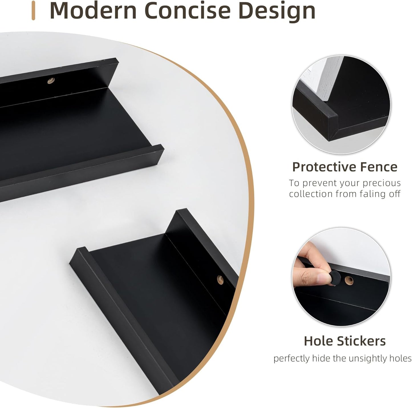 Picture Ledge Shelf, Wood Floating Shelves Set of 4, 24 inch Picture Ledge Shelves, Photo Ledge Nursery Book Shelves Wall Mounted for Living Room Kids' Room Bedroom, Color Black