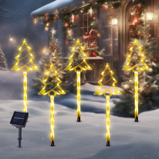 Christmas Solar Pathway Lights Outdoor Decorations, 8 Modes Xmas Tree Candy Lights Waterproof Led Garden Stake Light for Walkway Yard Lawn Porch Holiday Decor 5-Pack (Yellow Tube Tree, 5 Pack)