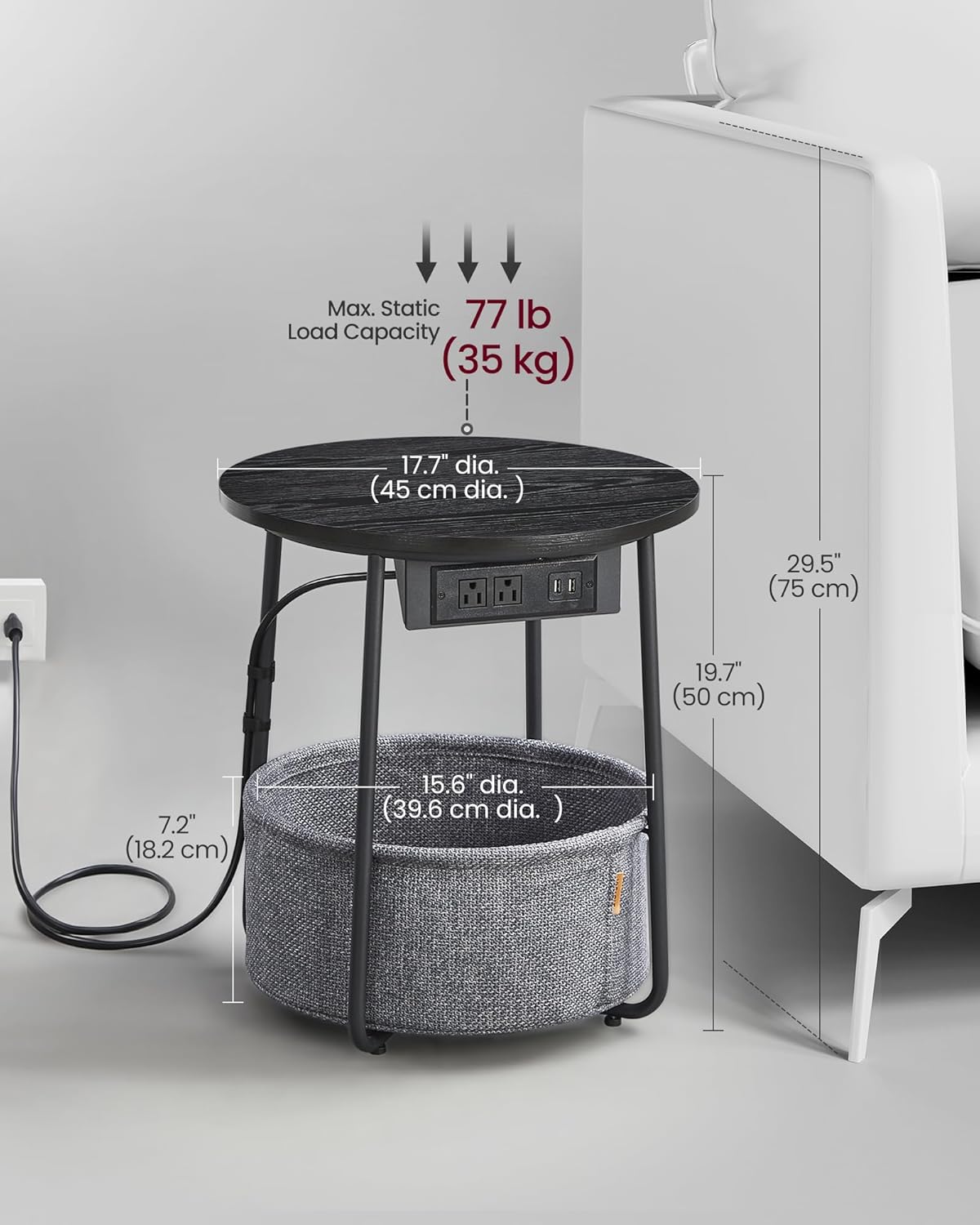 VASAGLE Side Table with Charging Station, Round End Table with Fabric Basket, Nightstand with Power Outlets, USB Ports, for Living Room, Bedroom, Modern, Ebony Black and Slate Gray ULET228B01