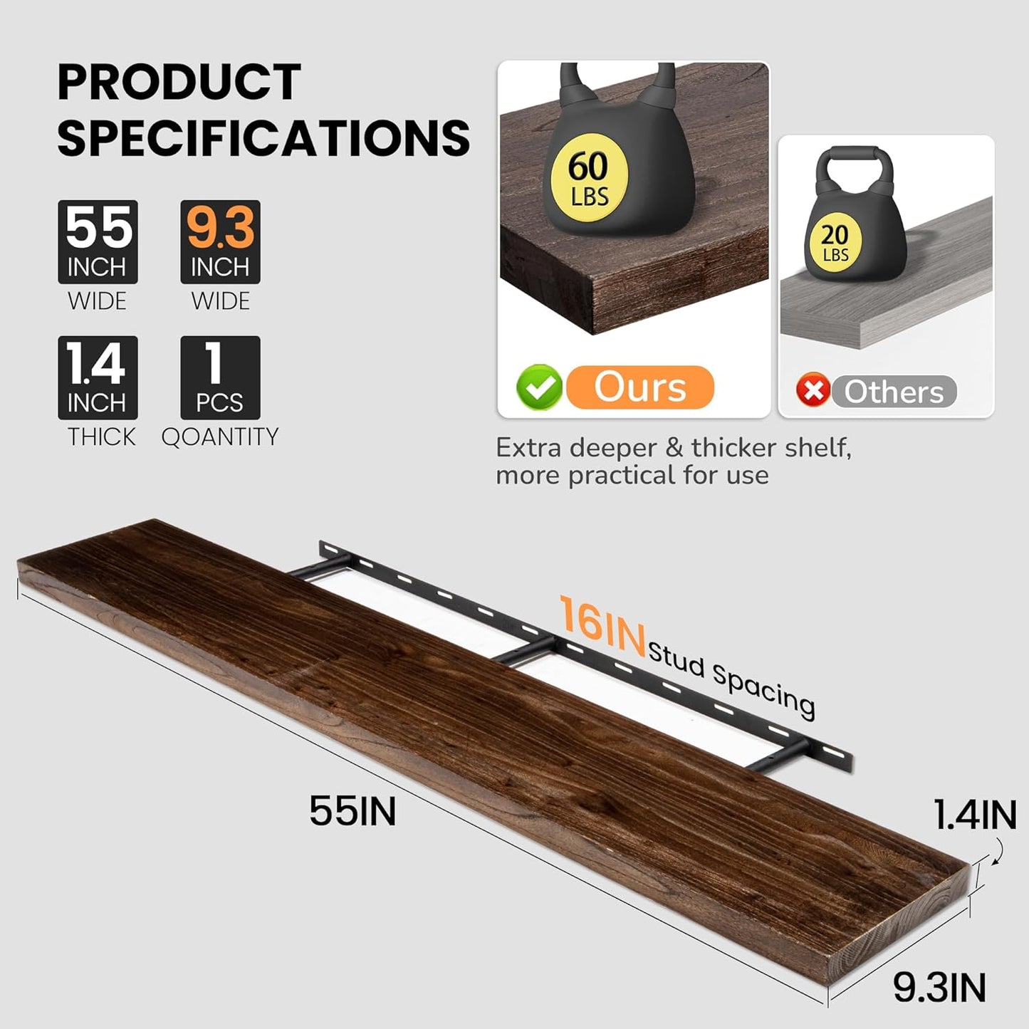 Fun Memories Floating Shelves for Wall, 55"x9.3" Rustic Solid Elm Wood Shelves, Heavy-Duty Wall Mounted Shelves with Invisible Brackets for Living Room, Bedroom, Kitchen, Walnut Finish