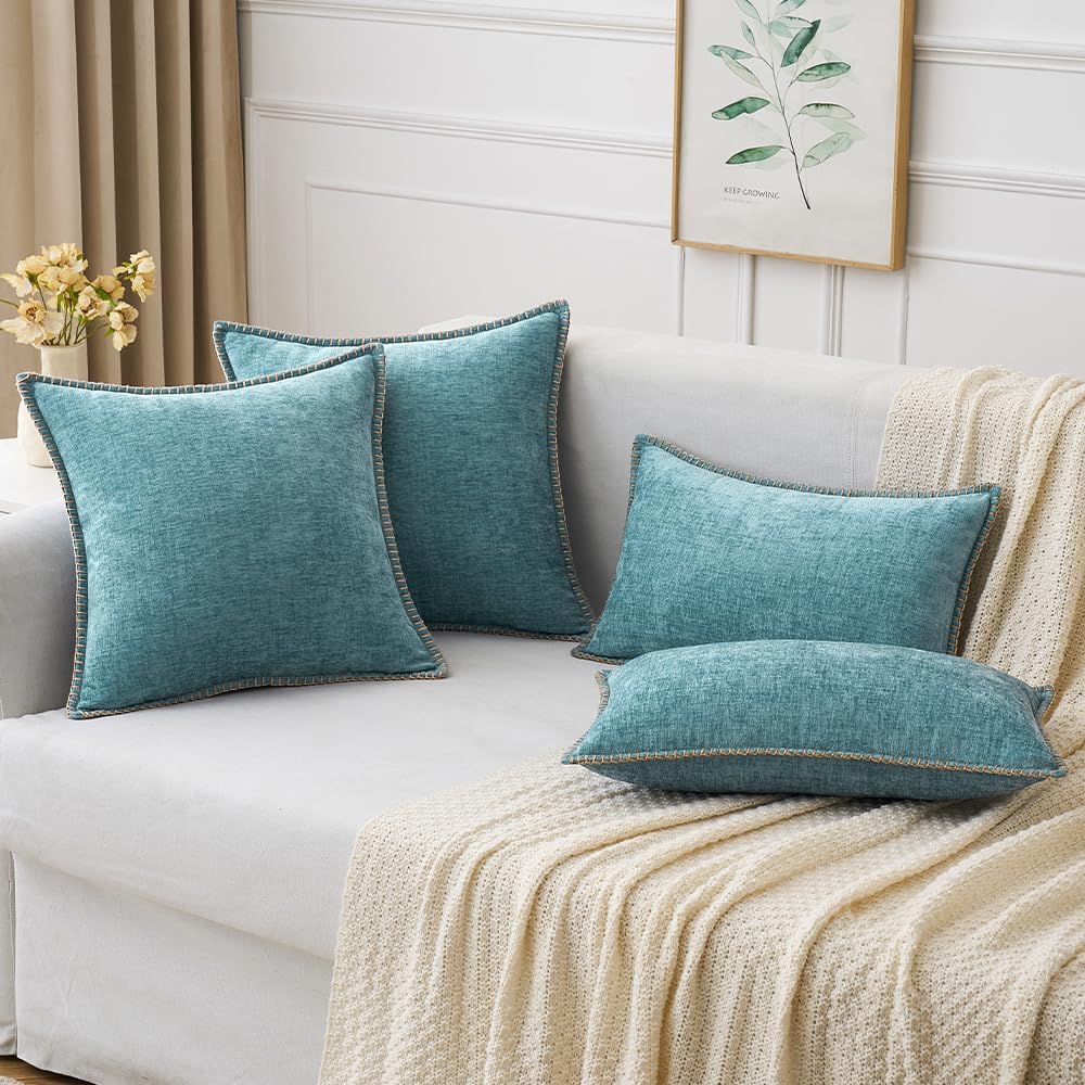 MIULEE Pack of 2 Couch Throw Pillow Covers 20x20 Inch Smoke Blue Farmhouse Decorative Pillow Covers with Stitched Edge Soft Chenille Solid Dyed Spring Pillow Covers for Sofa Bed Living Room