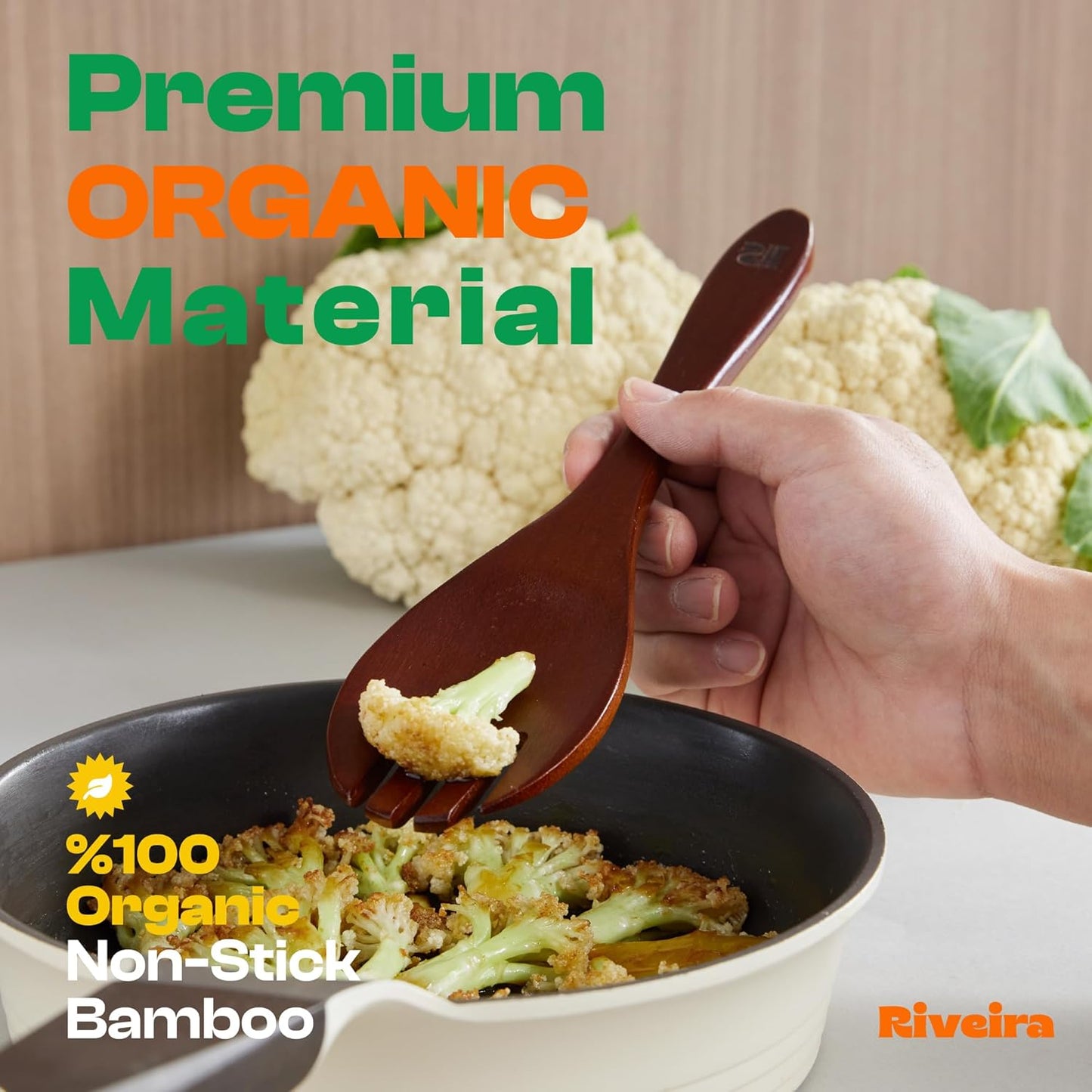 Riveira Set of 9 Premium Brown Bamboo Cooking Utensils - Bamboo Utensils for Cooking - Non-Toxic Utensils - Wooden Kitchen Set for Non-Stick Cookware