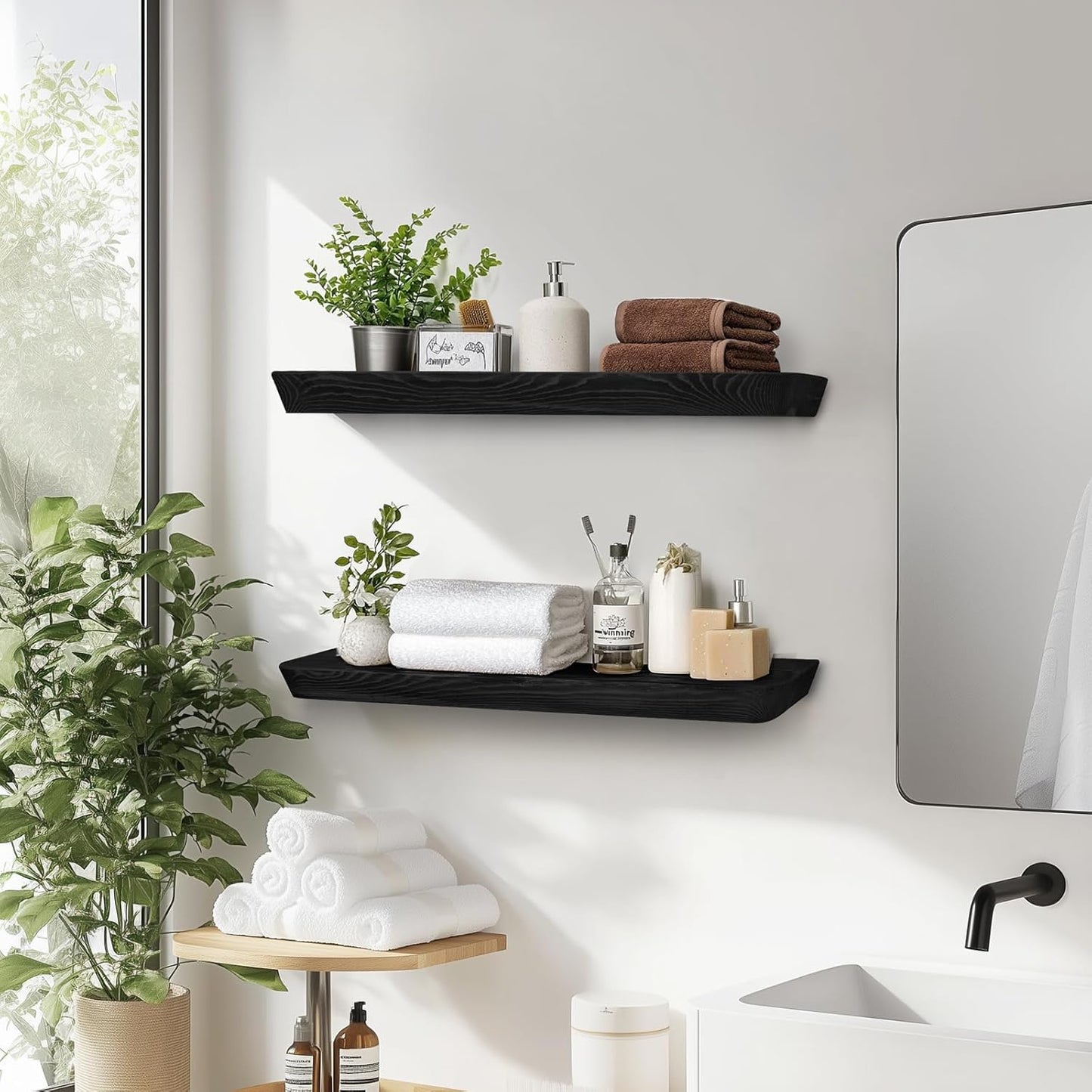 24"x6.8"x1.6" Slanted Floating Wall Shelves 2-Pack - Rustic Black Finish, Heavy-Duty Solid Wood Design with Hidden Brackets - Perfect for Living Room, Kitchen, Bathroom, or Office