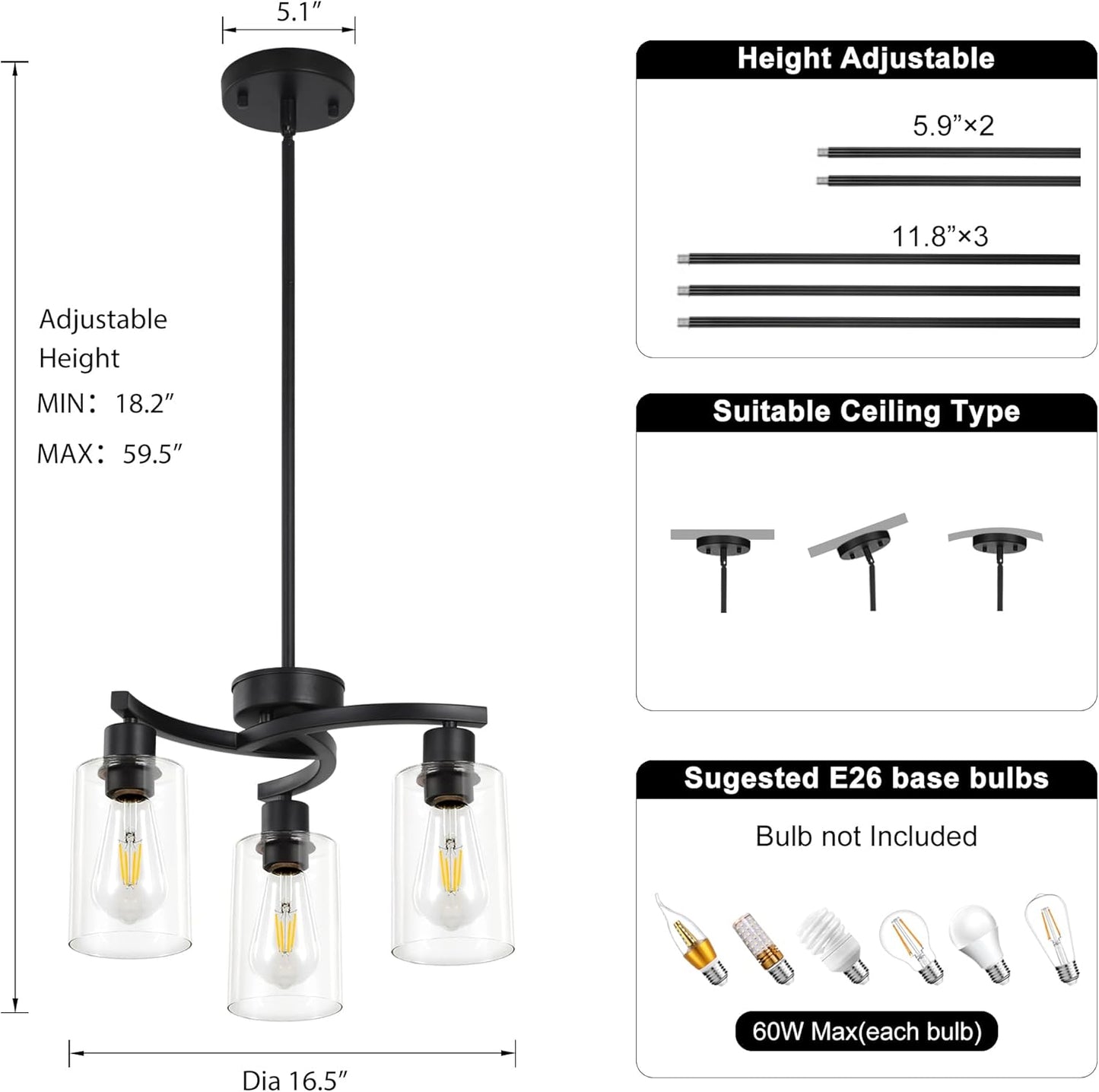 3 Light Modern Dining Chandeliers Over Table，Black Light Fixture for Dining Room，Farmhouse Chandelier with Glass Shade，Industrial Pendant Lighting for Kitchen Island，Foyer,Hallway, Bedroom