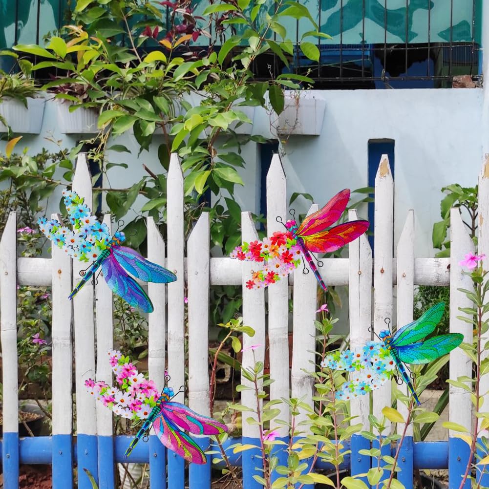 Dragonfly Wall Decor, 4 Pack Metal Outdoor Wall Decor Art, Colourful Dragonfly Decor for Garden Yard Patio Fence Living Room Bedroom