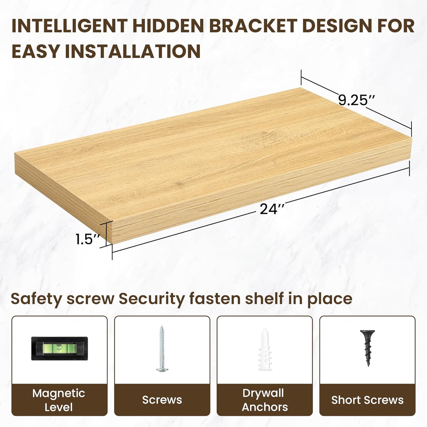 24 Inch Floating Shelves, 3D Textured Wood Grain, 24"x9.25"x1.5" Inch Deep Floating Shelves for Wall, Wooden Shelves for Bathroom, Bedroom, Living Room, Natural