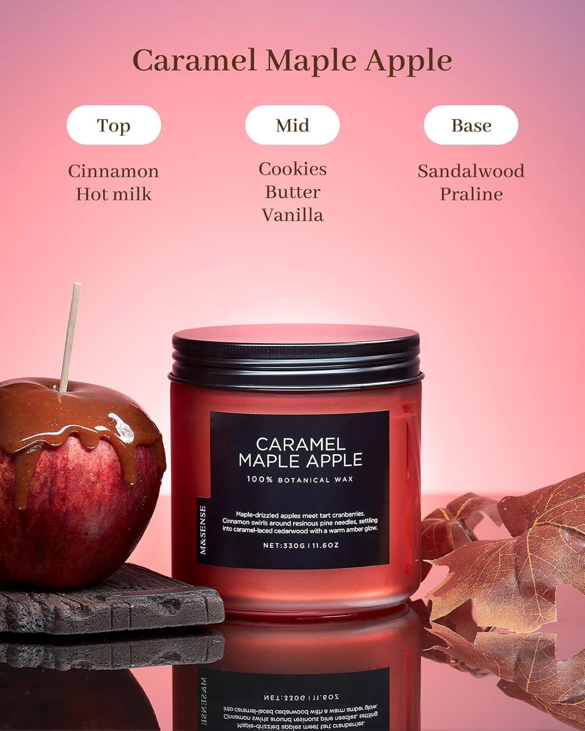 M&SENSE Caramel Apple Pie Candles for Home Scented, Natural Soy Wax 11.6oz Long Lasting 70 Hours Clean Non Toxic Large 2 Wick Candle Gifts for Thanksgiving Housewarming