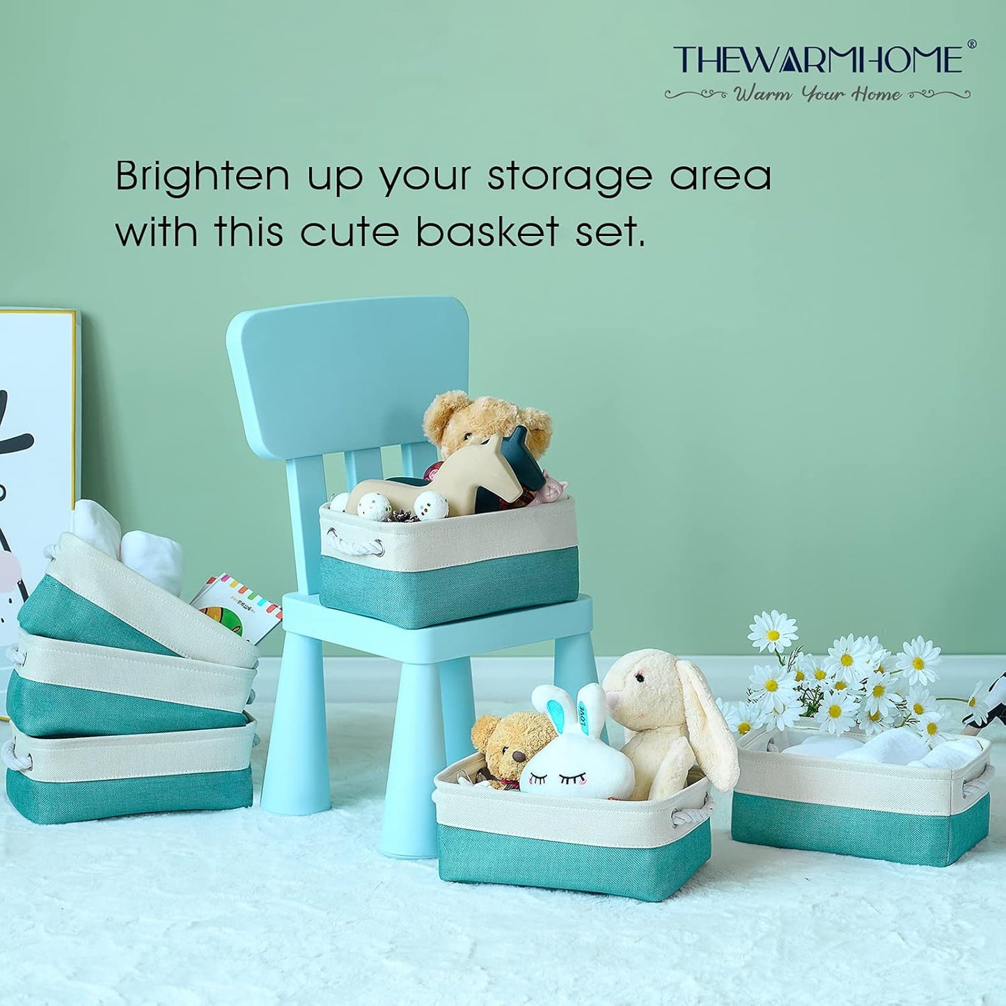 TheWarmHome Storage Bins for Shelves - Small 6 Pack 11.8x7.8x5.2 inch Sturdy Storage Basket W/Handles, Decorative Foldable Storage Baskets for Organizing Closet Nursery Toy(White & Green)