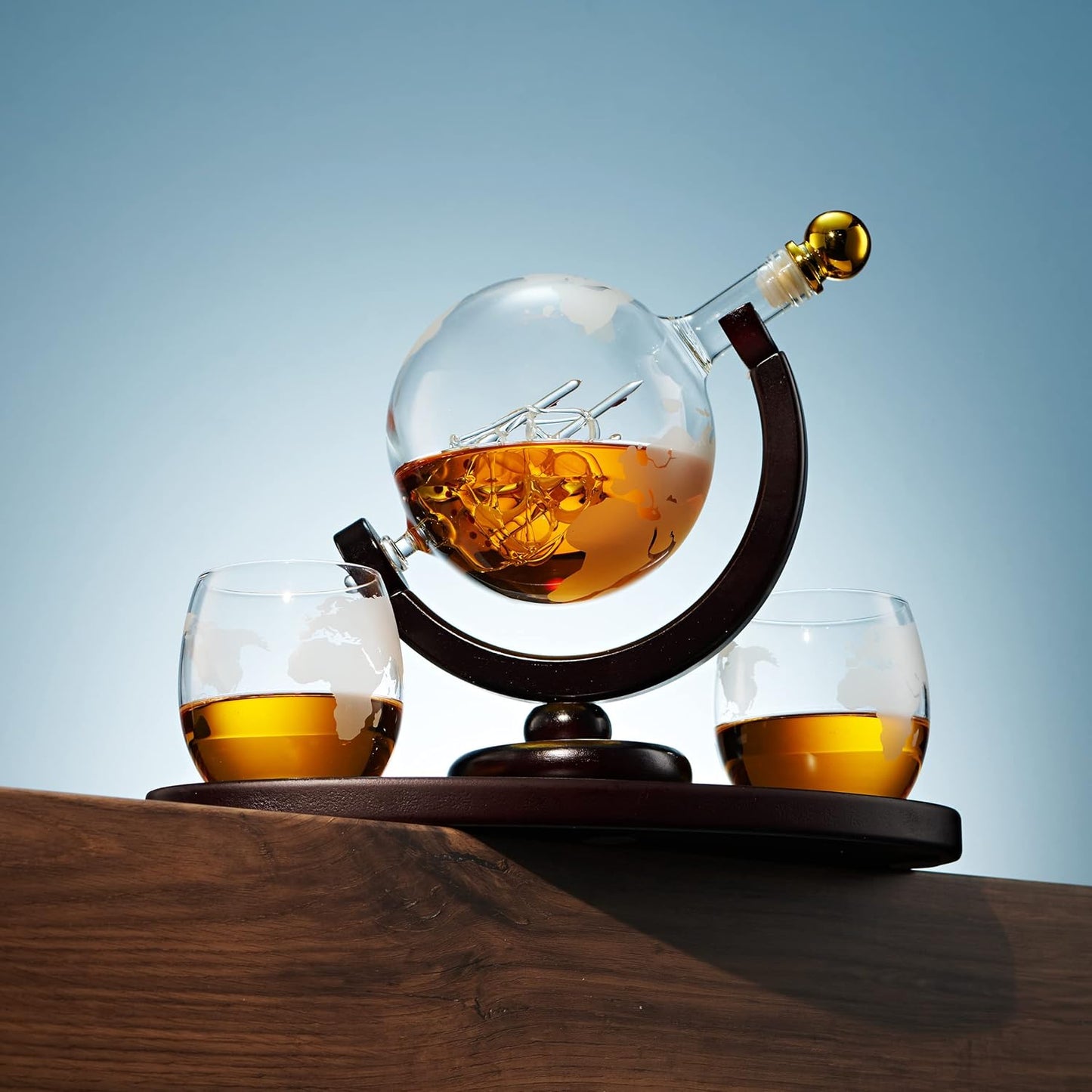 Whiskey Decanter Globe Set with 2 Etched Whiskey Glasses - for Liquor Scotch Bourbon Vodka, Gifts For Men - 850ml