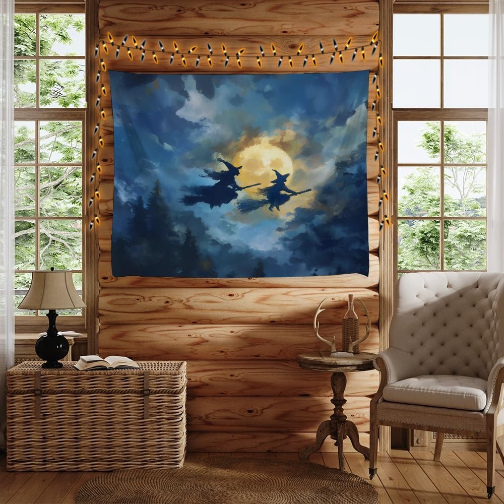 Spooky Halloween Witch Tapestry Wall Hanging Dark Fantasy Night Sky Aesthetic Print Flying Witches Under Full Moon Tapestries Horror Ghost Halloween Party Decor for Living Room Bedroom 40x60inch