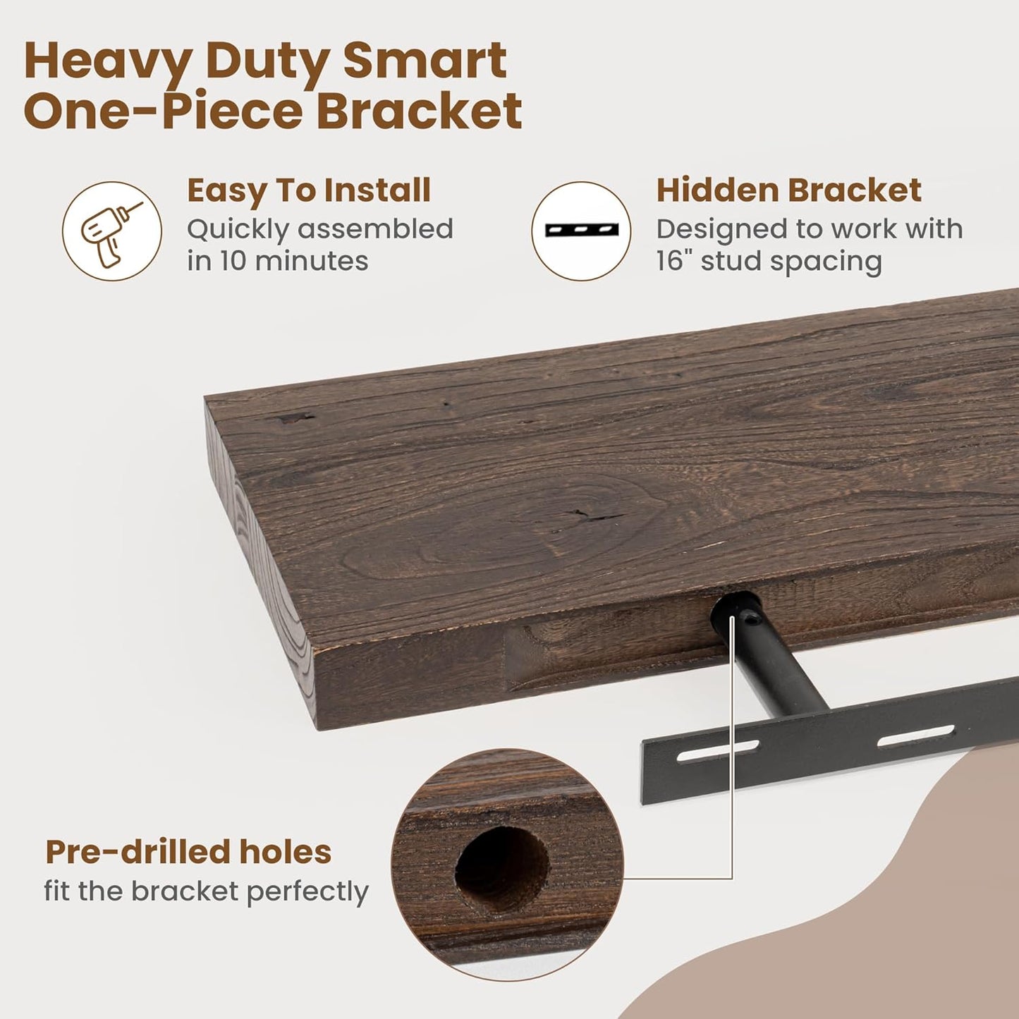 Floating Shelves for Wall Decor, 8 Inch Deep Rustic Solid Elm Wood Floating Shelves Wall Mounted, Wall Shelves with Invisible Bracket for Living Room Bathroom Bedroom Kitchen, 24 Inch Set of 2, Walnut