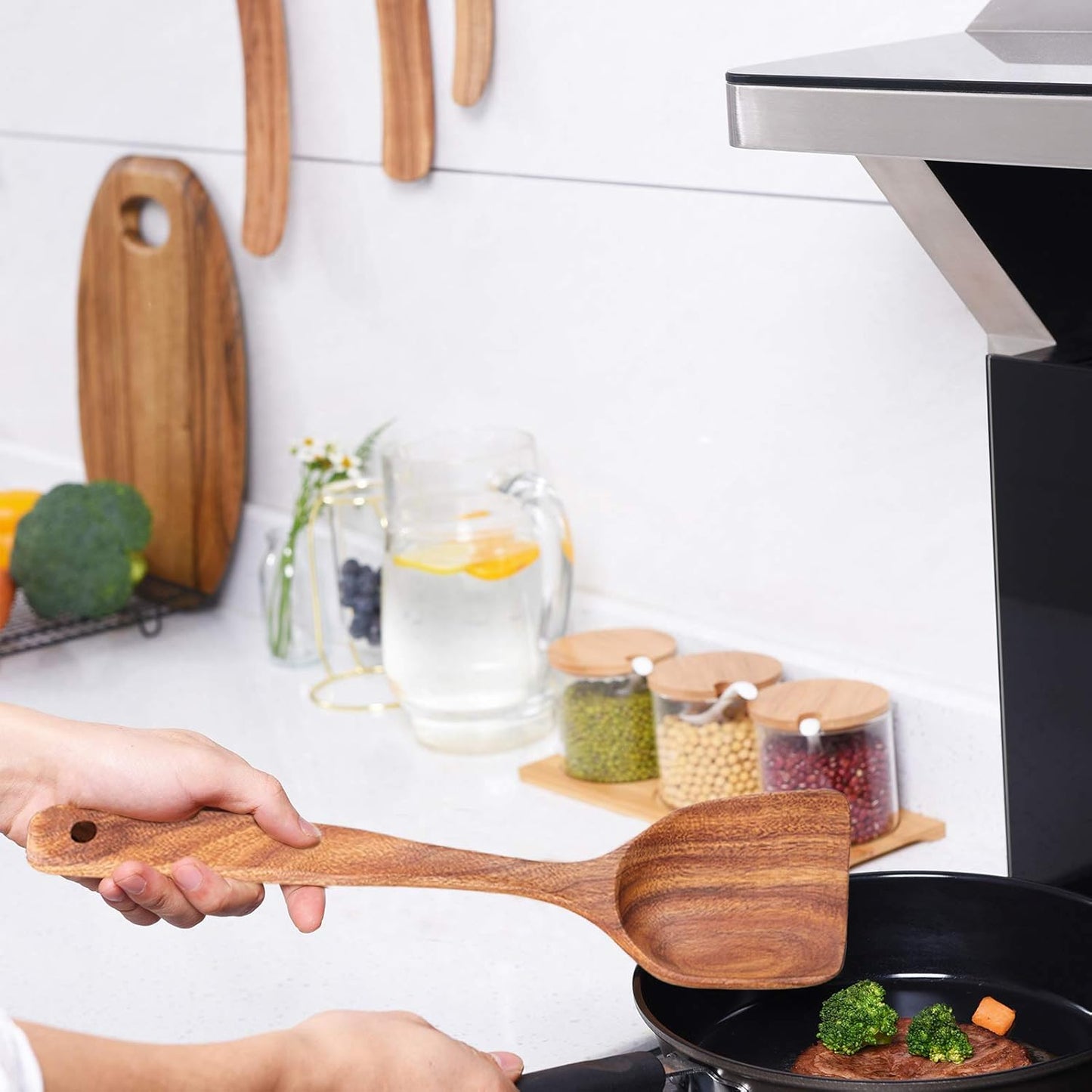 Wooden Spoons for Cooking,GUDAMAYE 10 PCS Wooden Kitchen Utensils Set,Wooden Cooking Utensils For Non-stick Pan,Teak Wood Utensils Set,Spurtles Kitchen Tools As Seen On Tv