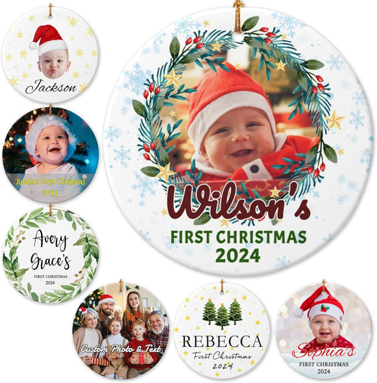 Personalized Baby Christmas Ornaments with Photo 2025 Custom Babys First Christmas Picture Name Ornaments,Double-Sided Ceramic Customized Xmas Ornaments for Christmas Tree