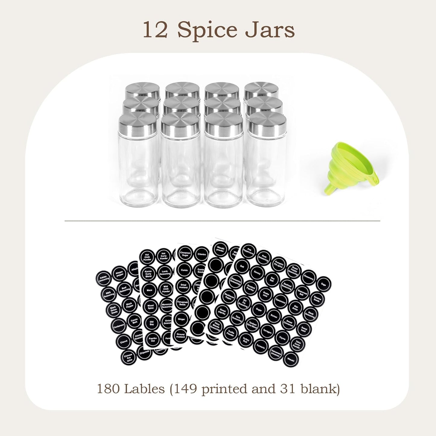 WelFurGeer Bamboo Spice Rack Organizer for Countertop, Revolving Spice Shelf with 12 Glass Jars, Lids & Labels, Desktop Rotating Seasoning Organizer for Kitchens, Space-Saving Design