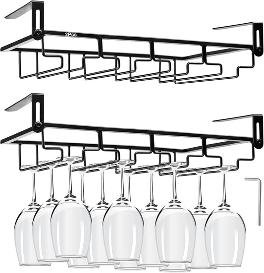 AUHOKY 2Pcs Adjustable Under Cabinet Stemware Metal Glass Holder, Hanging Wine Glass Storage Hanger Organizer for Shelf Kitchen Bar Decor(4 Rows, Black)
