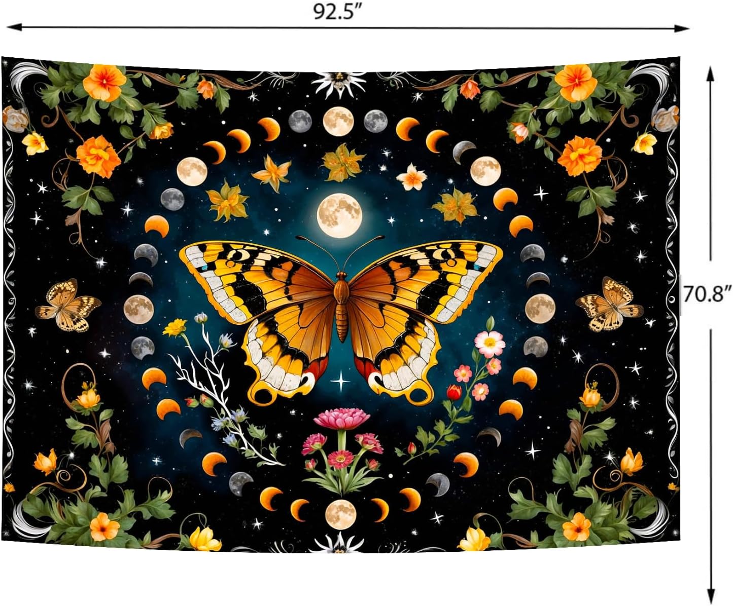 Delur Butterfly Moon Flower Tapestry Botanical Floral Plant Boho Tapestry Wall Hanging Mandala Aesthetic Mushroom Retro Vintage Headboard for Bedroom Living Room Home Decor (70.8" x 92.5")