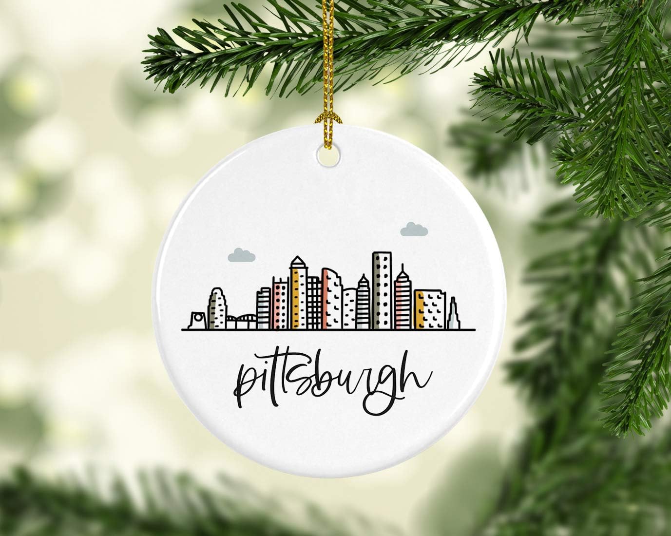 Andaz Press Round Ceramic Porcelain Christmas Tree Ornament Keepsake, Pittsburgh Colorful City Skyline Graphic, 1-Pack, Birthday Gift for Family Coworker Him Her, Includes Gift Box