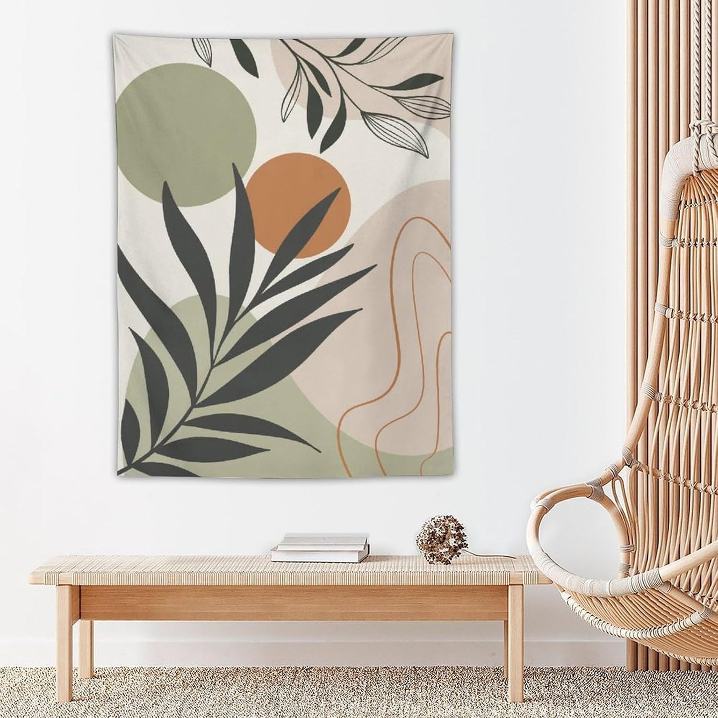 Abstract Bohemian Mid Century Tapestry, Tropical Leaves Modern Geometric Archway Minimalist Bohemian Botanical Aesthetic Wall Hanging, Sage Green Gold Home Decor Art for Bedroom 30x40 Inch