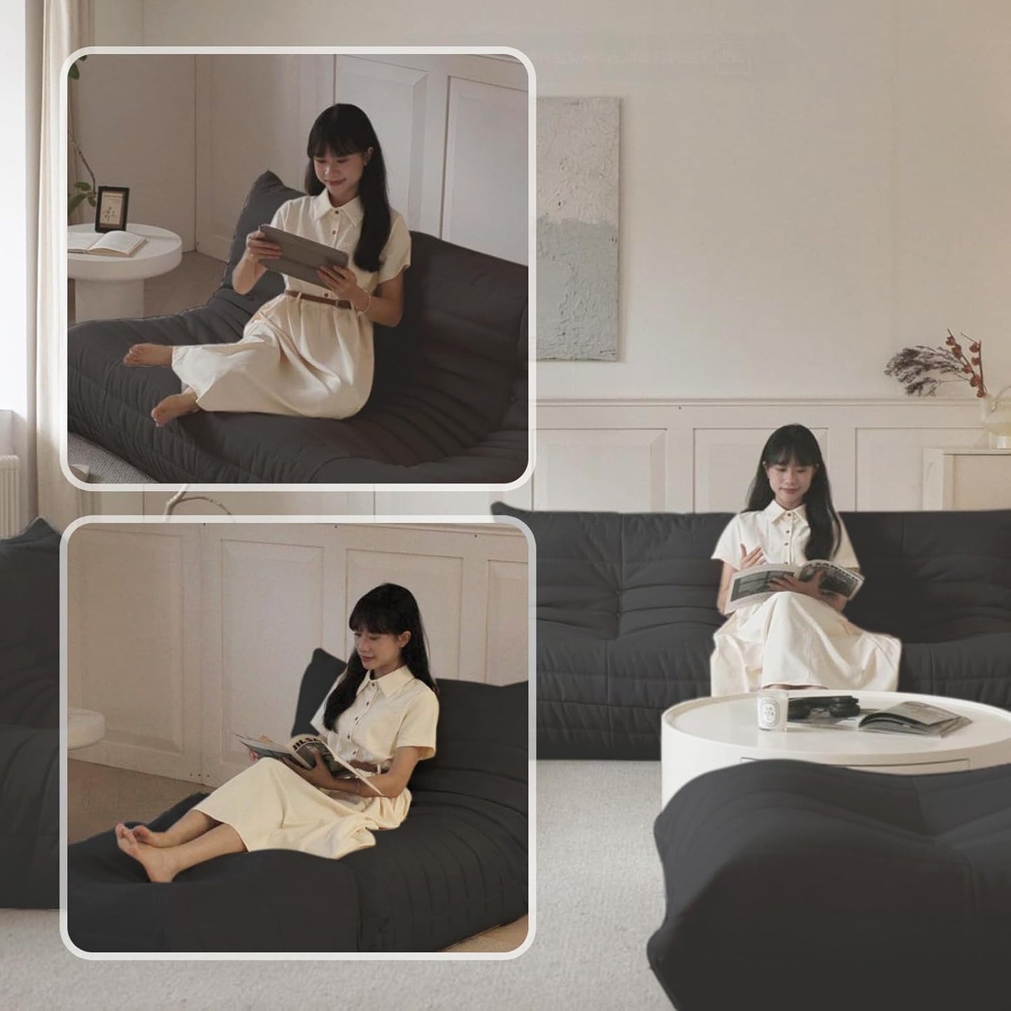 Luxury Sofa Couch Chair, Lazy Floor Seating, Fireside Bean Bag Chair, Ergonomic Tatami Sofa Lounger for Living Room, Bedroom, Office, 3 Seat, Black