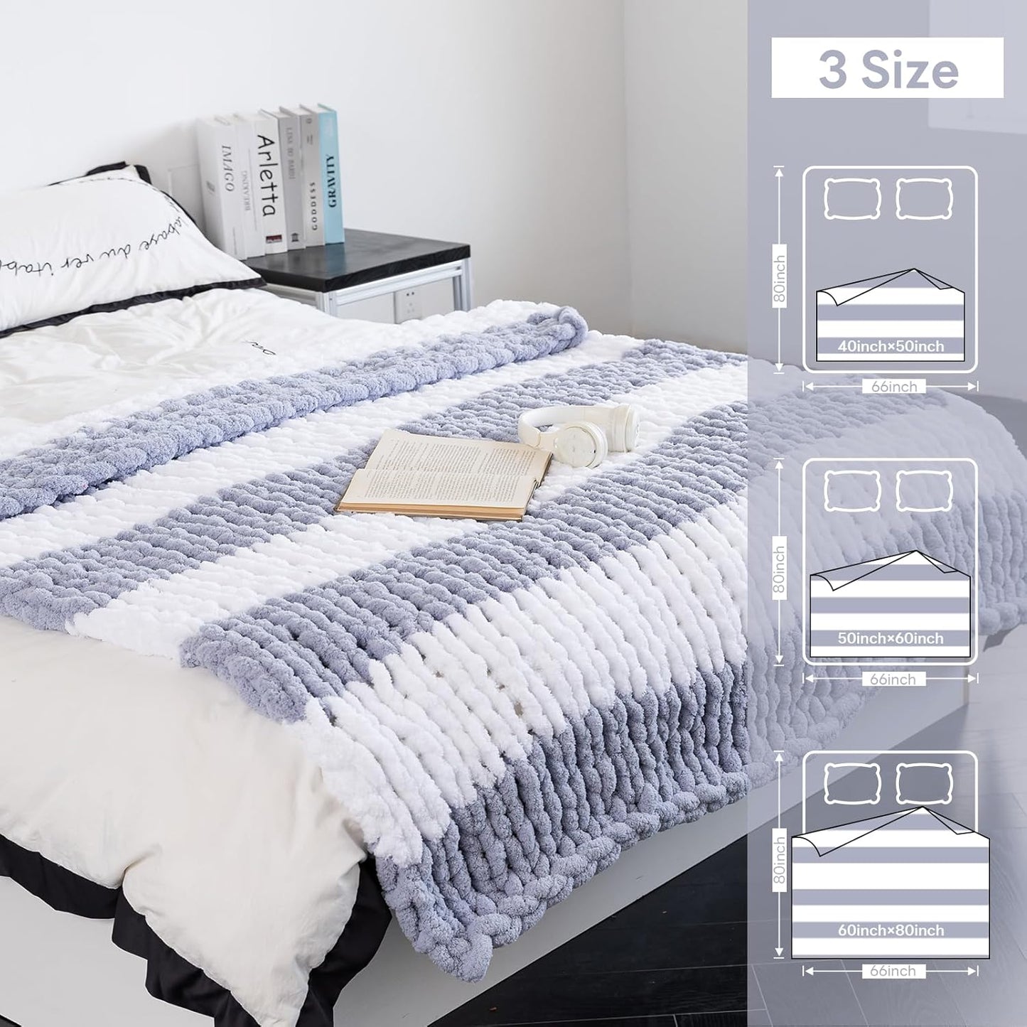 Chunky Knit Blanket - Luxury Soft Cozy 60 * 80 Throw Blanket,100% Woven Blanket Rope Knot Throw Blanket for Couch, Sofa, Home Decor, Gift - Machine Washable（White/Light Gray）