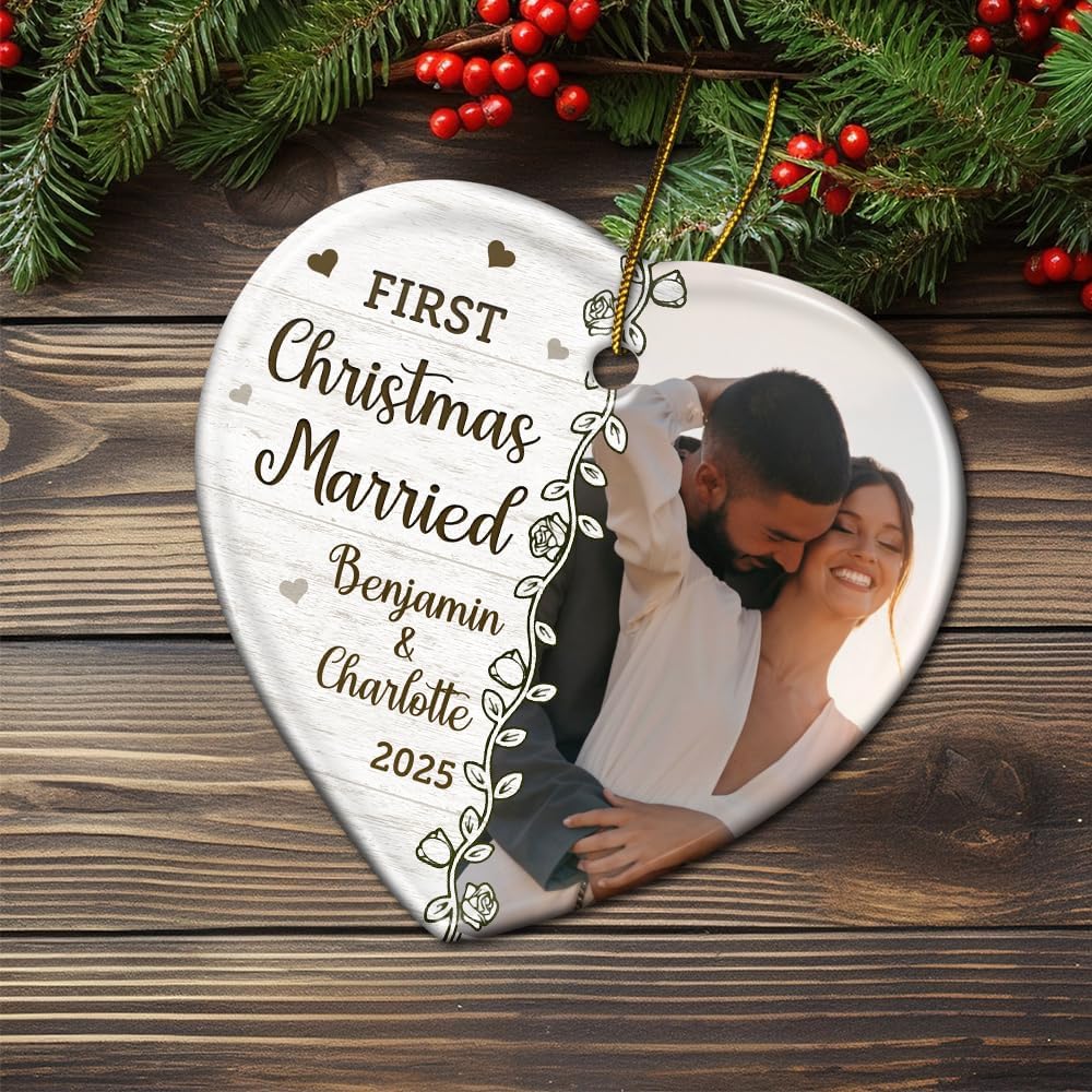 Personalized Heart Ceramic Ornament - Holiday Keepsake for Couples, Newlyweds, Home Tree Decoration for Winter - Custom Photo First Christmas Married