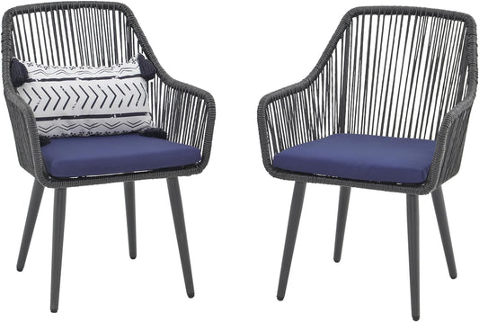 Patiorama Outdoor Dining Chairs, Patio Dining Chair Set of 2, All-Weather Woven Rope Rattan Chairs, Outdoor Dining Wicker Chair with Armrests for Indoor Balcony Pool Backyard(Blue)