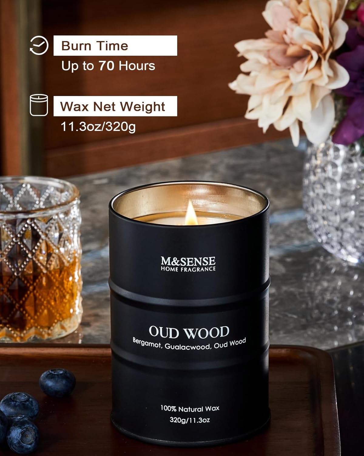 M&SENSE Oud Wood Scented Candles Natural Soy Wax, 11.3oz Long Lasting Up to 70 Hours Burning Time, Unique Candle Gifts for Men Women