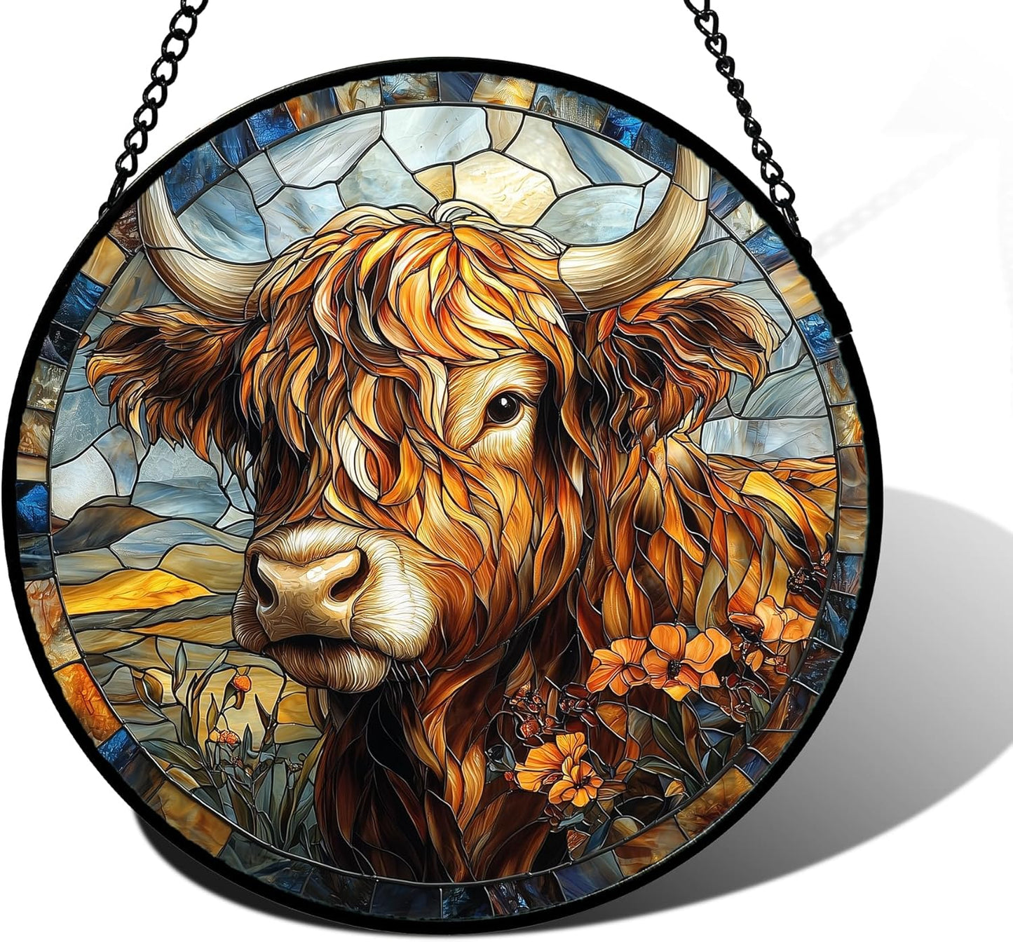 Stained Glass Window Hanging - Funny Cow Flower Suncatcher Ready to Hang Window Doors Home Decoration and Christmas, Mother's Day Birthday Gifts for Women, Men, and Mom 7.8x7.8 in