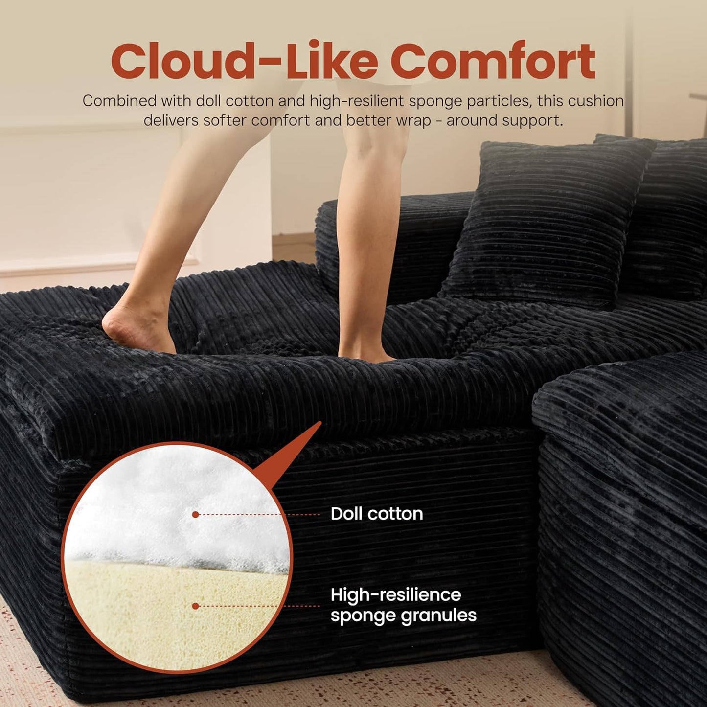 ovios 105” Modular Sectional Sofa with Thicken Seat Cushion, Cloud Couch with Deep Seat, Modern L-Shape Sofas Couches with Chaise,Upholstered Couches for Living Room Bedroom,Black