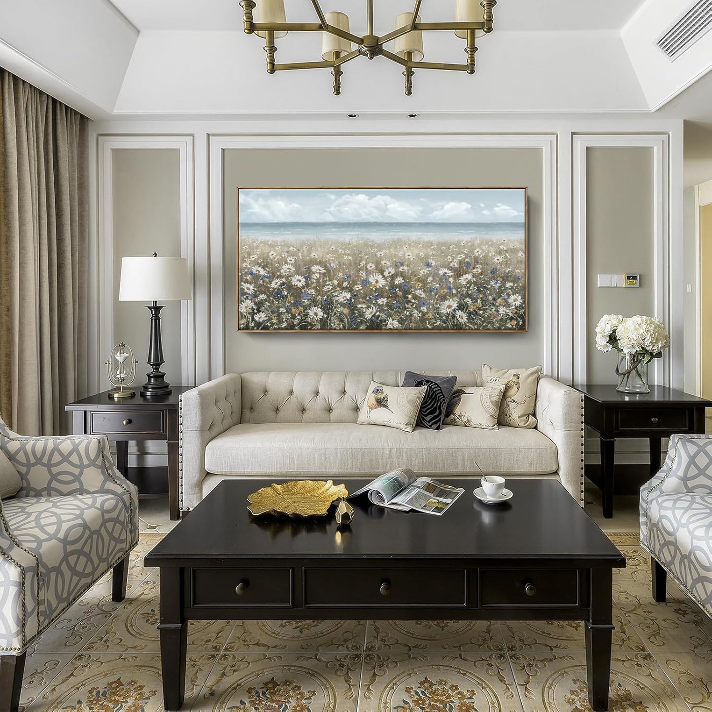 amatop Oversized Wall Art for Living Room Extra Large Farmhouse Boho Framed Beach Coastal Vintage Ocean Floral Canvas Print Daisy Flowers Sea Wall Picture Neutral Nautical Artwork Bedroom Office Decor