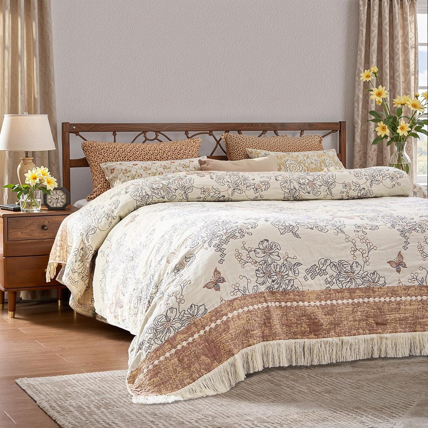 JINCHAN Boho Floral 100% Cotton Blanket 4-Layer Throw Blanket with Tassel Taupe and White Flower Butterfly Soft Luxury Rustic Farmhouse Decor Blanket for Couch Bed 60x80 inch All Season gift for women