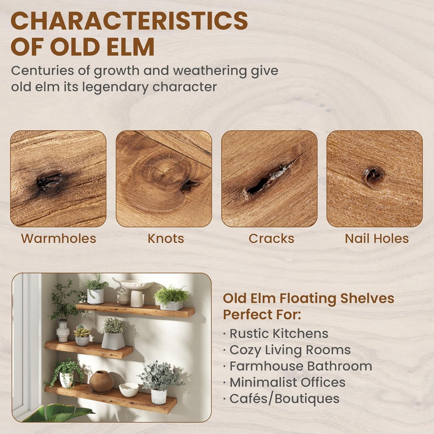 Fun Memories 48" Floating Shelves for Wall, Live Edge Solid Elm Wood Floating Shelf with Invisible Bracket, Wall Mounted Display Wooden Shelves for Bathroom, Kitchen, Bedroom, Natural Color, Set of 1