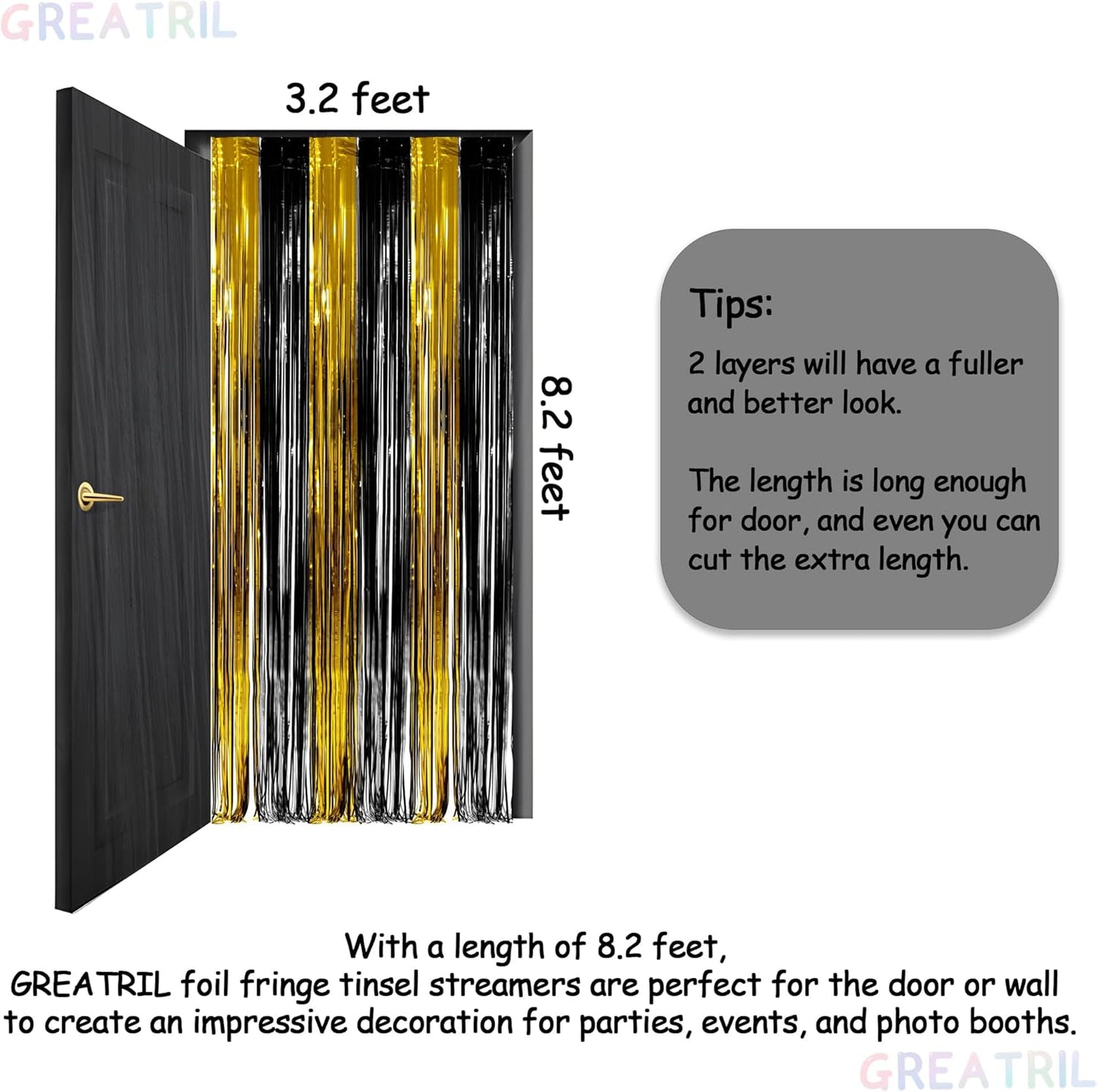 Black and Gold Party Streamers Decoration - GREATRIL Foil Fringe Backdrop for 2025 NYE/Anniversary/Farewell/Cocktail/Prom/EID/Birthdays - 3.2ft X 8.2ft - 2 Packs