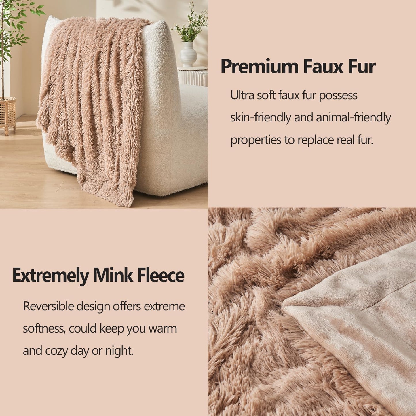 GONAAP Fuzzy Faux Fur Throw Blanket Taupe Super Soft Cozy Plush Fuzzy Shaggy Blanket for Couch Sofa Bed (Taupe, Throw(50"x60"))