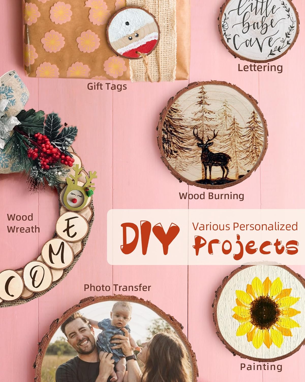 Unfinished Wood Slices with Hole, Natural Wood Circles Blank with Bark for DIY Crafts, Home Decor, Christmas Ornament (30Pcs, 2.4-2.8 Inch)