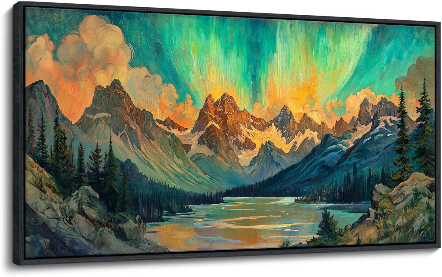 JEAWA Framed Canvas Wall Art - 20x40 In Abstract Painting Decor, Textured Mountain Lake Tree Aurora Pictures, Modern Art Prints for Bedroom Living Room Bathroom Home Decoration