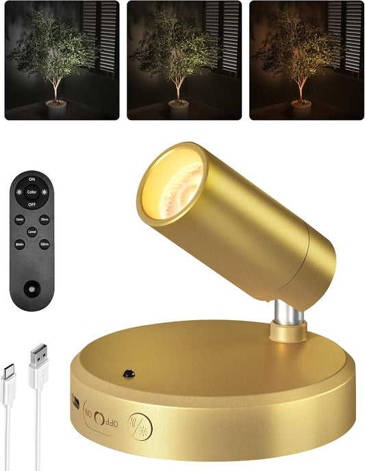 EZVALO LED Spotlight Indoor, 5500mAh Rechargeable Battery Picture Lights, Wireless Mini Art Accent Spot Lights with Remote, Uplighting Indoor for Plants Display Painting Artwork Portrait (1Pack-Gold)