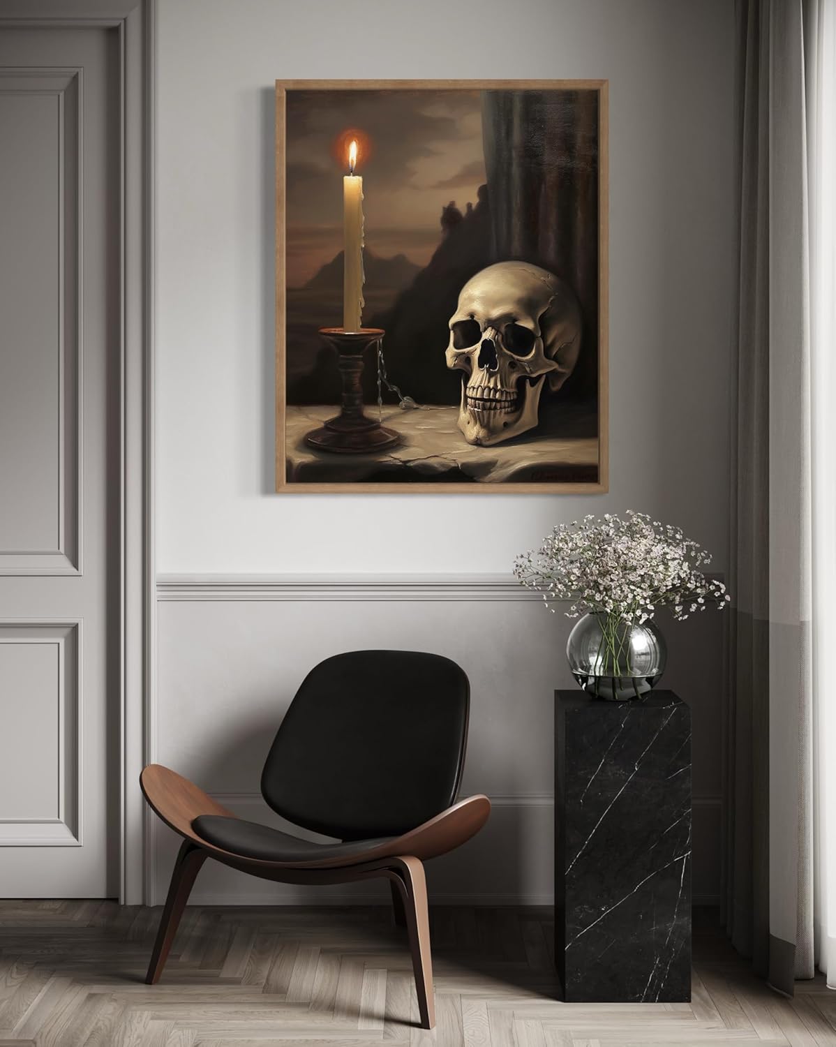 Skull and Candle Poster Art Print, Halloween Scary Vintage Wall Art Academia Spooky Painting Decoration for Horror Prints, Gothic Posters Bedroom Decor 89 (Skull and Candle, 16 x 20 inches, Wood Frame)