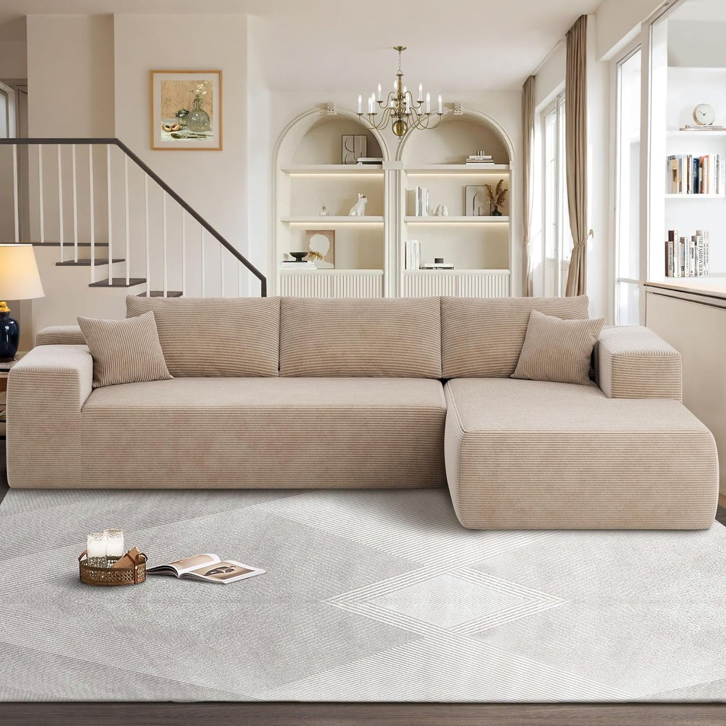 104" Cloud Sectional Couches for Living Room,L Shaped Boneless Couch in A Box,Sleeper Sofa with Comfy Chaise No Assembly Required,Camel