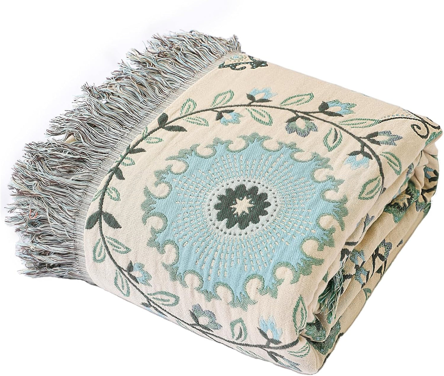 Snycler Boho Throw Blanket for Bed - 100% Cotton Ultra Soft Rustic Quilt - Blue Boho Floral Printed Farmhouse Decor Bed Blankets, 60"×80" All Season Rustic Throw for Sofa Couch Chair