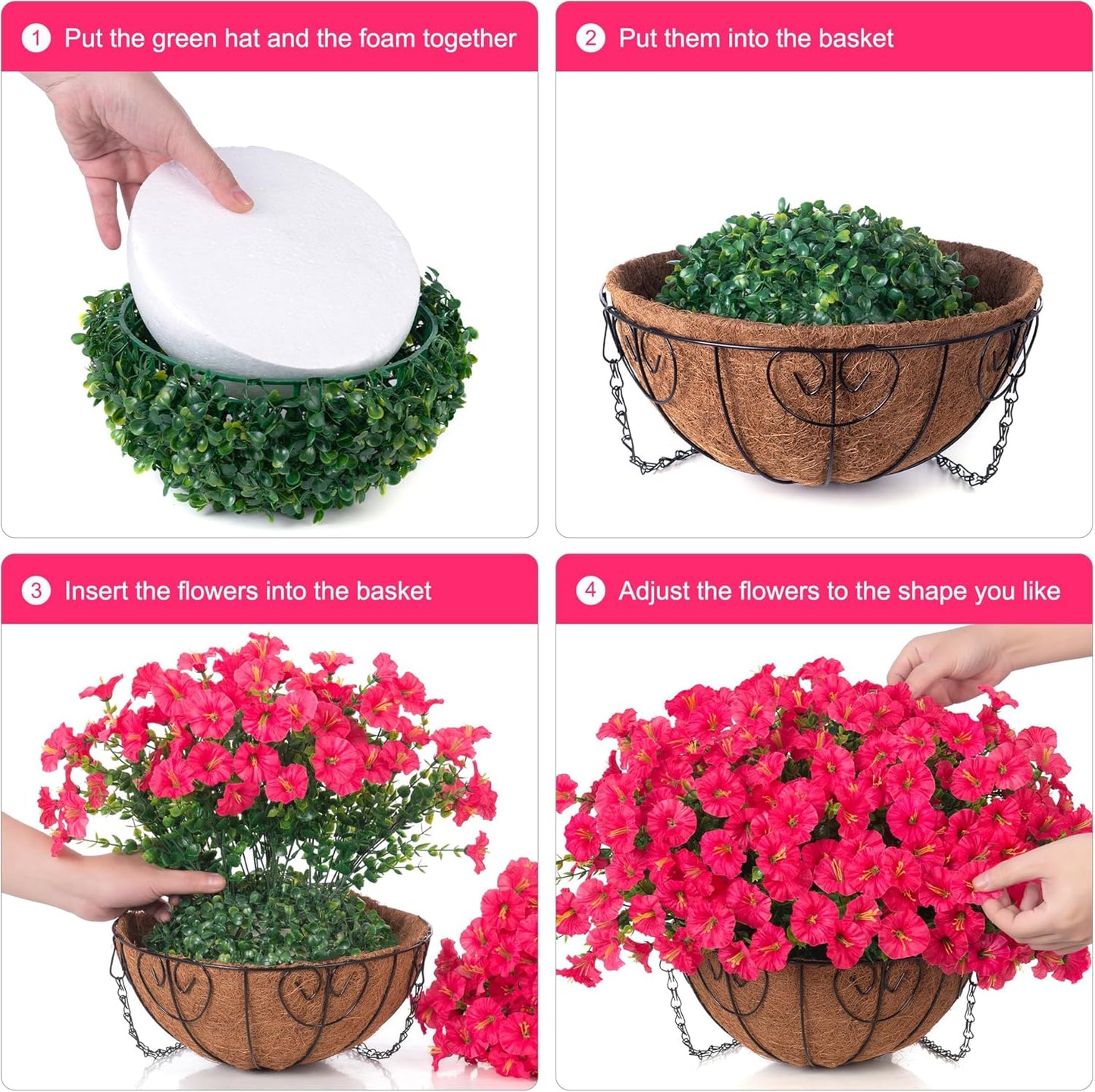 Artificial Faux Hanging Plants Flowers Basket for Outdoor Outside Spring Summer Decoration, Silk Morning Glory in Planter UV Resistant Look Real Fake Flower for Porch Patio Balcony Home Yard, Hot Pink