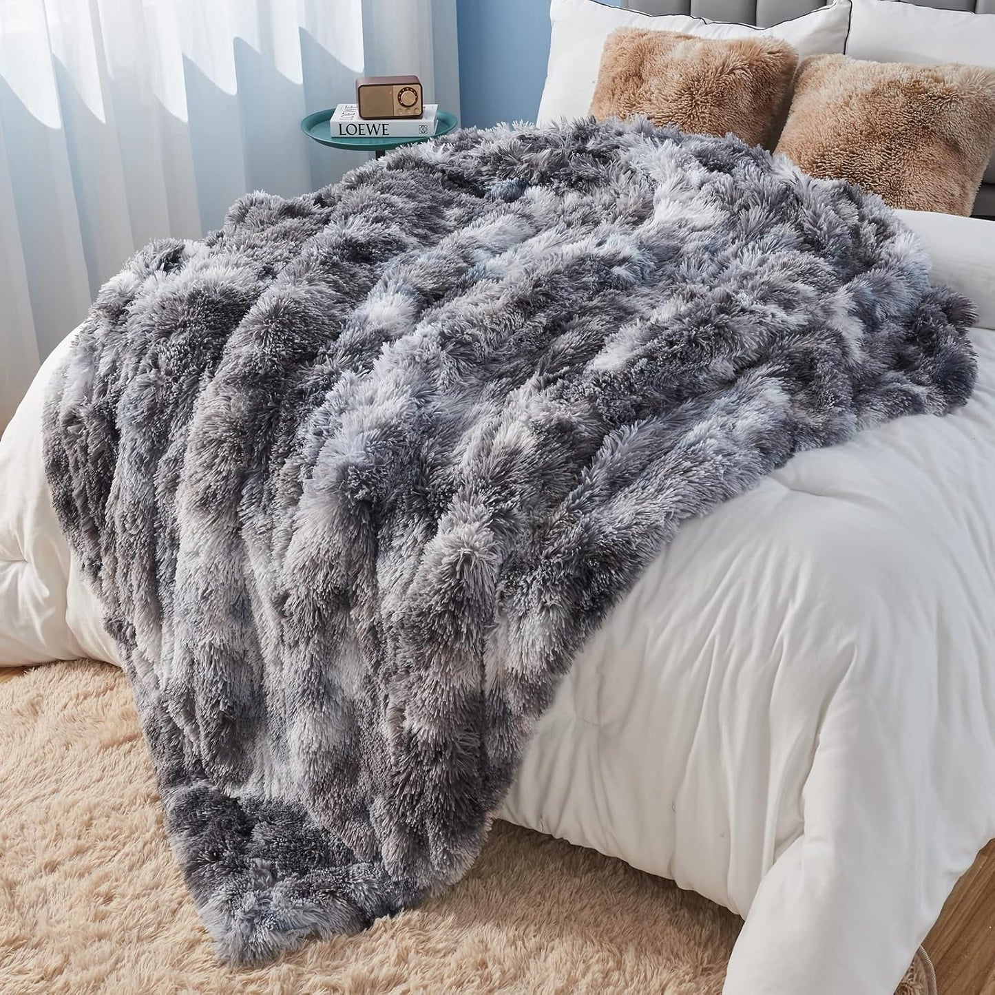 GONAAP Fuzzy Faux Fur Throw Blanket Queen Size Tie-dye Marble Black Super Soft Cozy Plush Fuzzy Shaggy Blanket for Couch Sofa Bed (Tie-dye Marble Black, Queen(90"x90"))