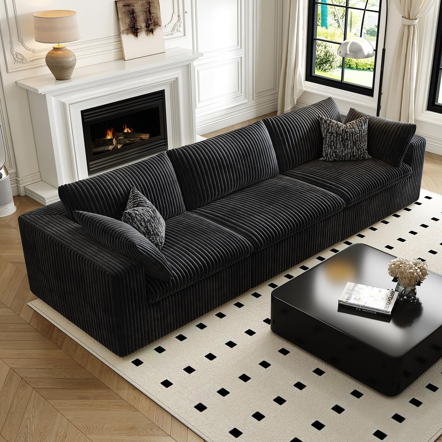 118" Cloud Couch Modular Sectional Sofa for Living Room,Modern Sofa with Deep Seat，3 Seater Boneless Couch,Comfy Upholstered Corduroy Couches for Apartment, Studio, Office,Bedroom，Black