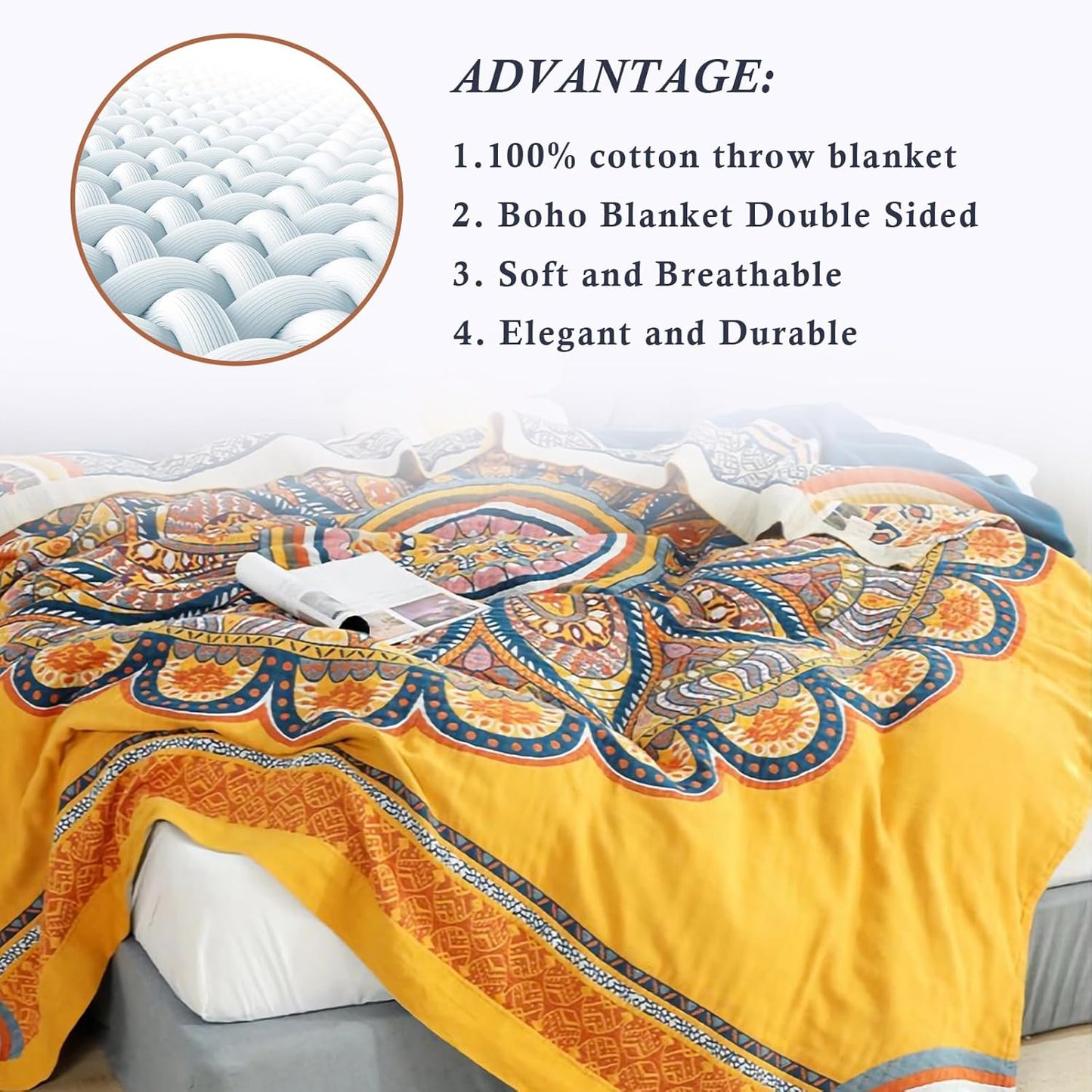 Snycler Boho 100% Cotton Throw Blanket, Decorative Muslin Boho Throw Blanket, Soft Cozy Colorful Bohemian Floral Reversible Blanket with Tassels for Chair Couch Bed Sofa Room Decor, 60x80 Inch