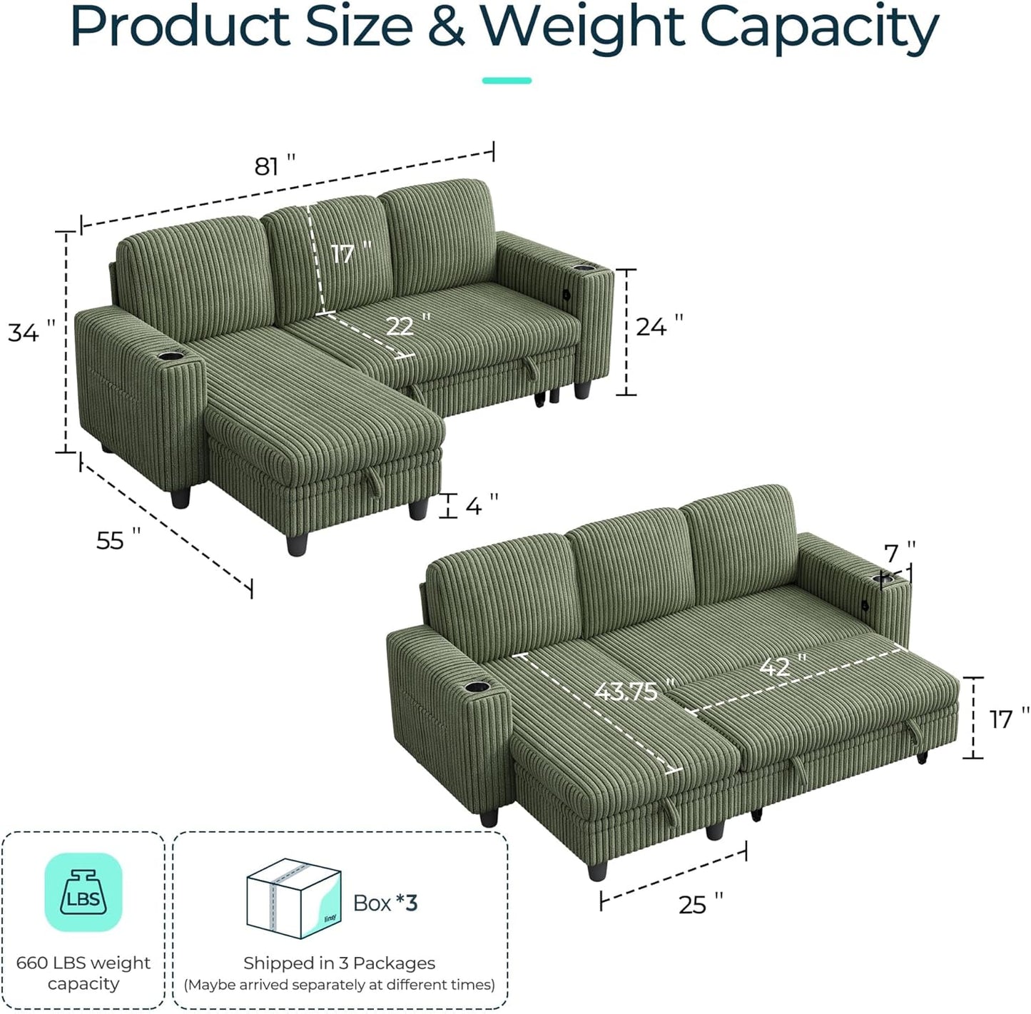 LINSY HOME Sectional Sleeper Sofa with Pull Out Couch Bed Convertible Plush Corduroy Cloud Couch with Storage Chaise & USB Charging, Comfy L Shaped Modular Couches for Living Room Apartment (Green)