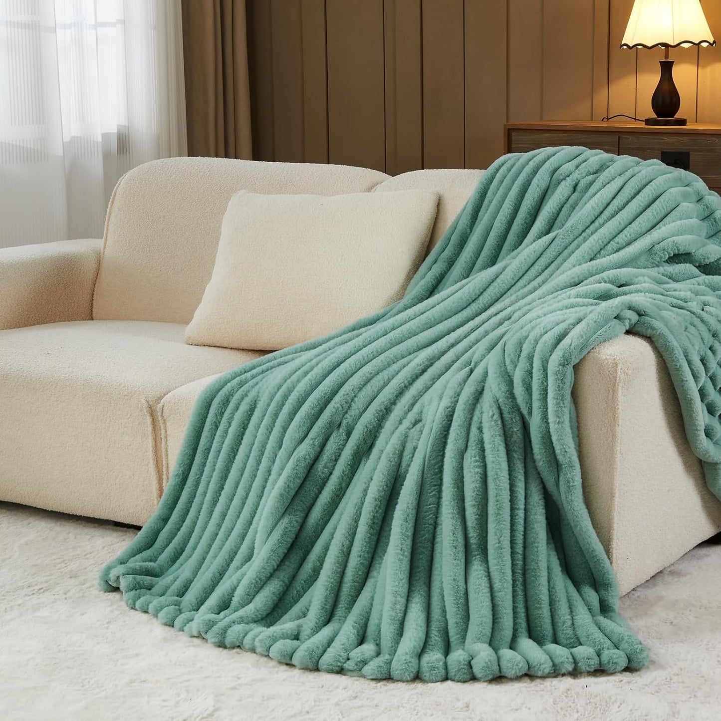 NEWCOSPLAY Faux Fur Throw Blanket New Sage Green 3D Ribbed Plush Thick Warm Blanket for Couch Sofa Bed 850GSM (New Sage Green Ribbed, Throw(50"x60"))