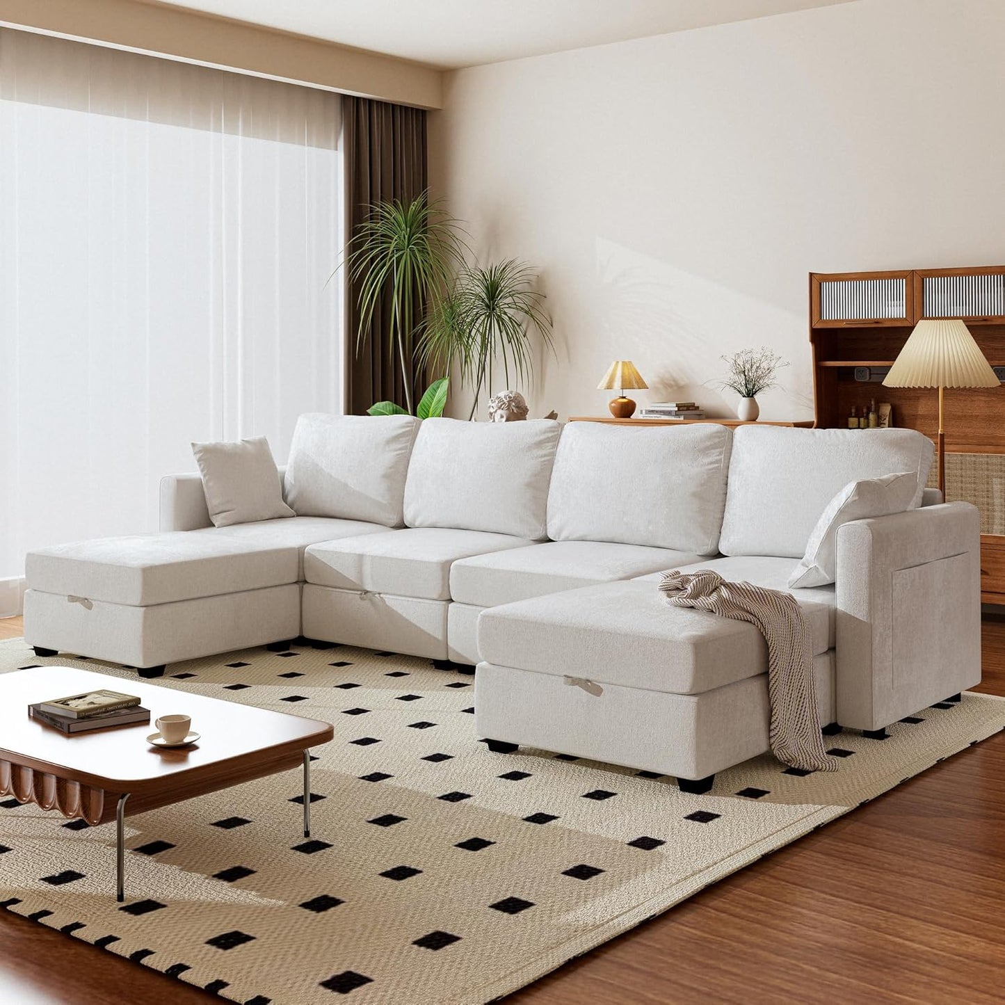 mestyl Modular Sectional Sofa Convertible U Shaped Sofa Couch Set with Storage for Living Room, Modern 4 Seater Modular Sectional Couch with 2 Movable Ottoman (Beige)